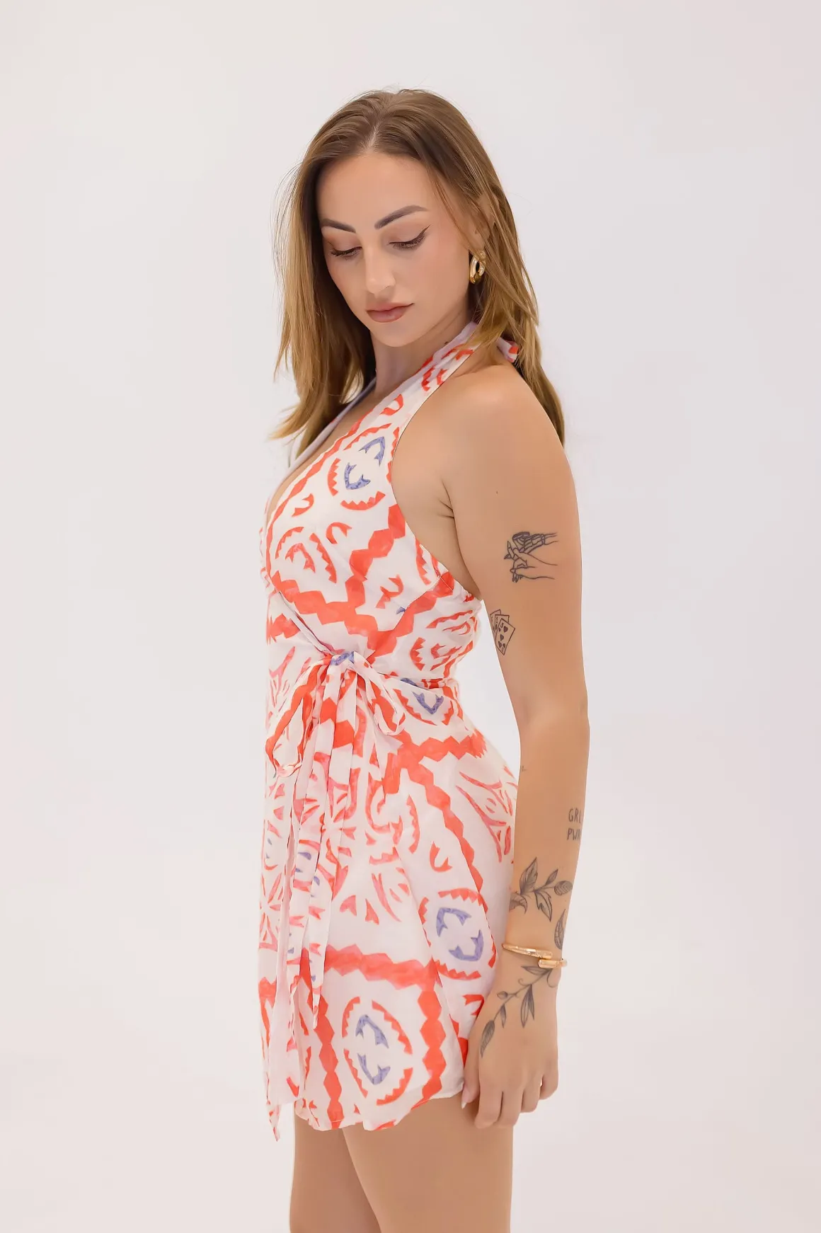 Michelle Sleeveless Halter Mosaic Print Wrap Mini Dress Red