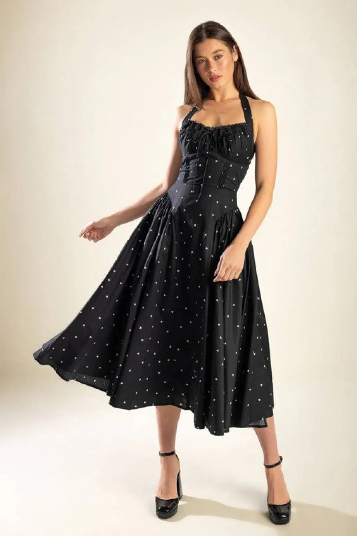 Mika Sleeveless Halter Heart Print Midi Dress Black