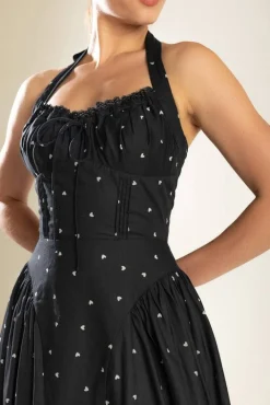 Mika Sleeveless Halter Heart Print Midi Dress Black