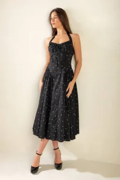 Mika Sleeveless Halter Heart Print Midi Dress Black