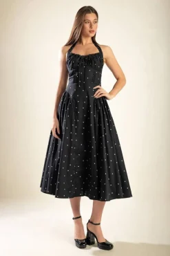 Mika Sleeveless Halter Heart Print Midi Dress Black