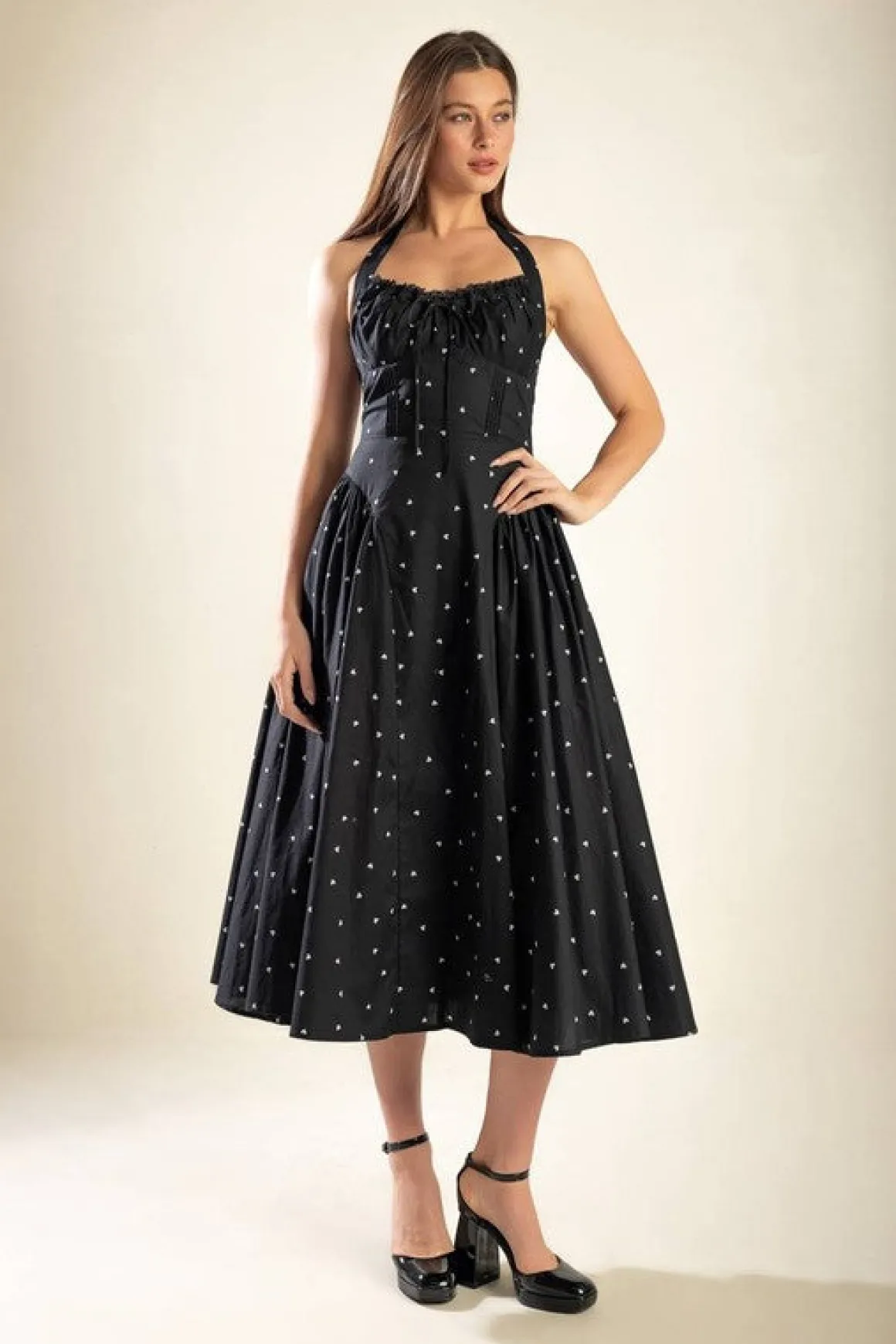 Mika Sleeveless Halter Heart Print Midi Dress Black
