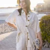 Mila Short Sleeve Button Down Stripe Print Linen Top Natural