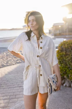 Mila Short Sleeve Button Down Stripe Print Linen Top Natural