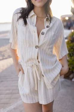 Mila Short Sleeve Button Down Stripe Print Linen Top Natural
