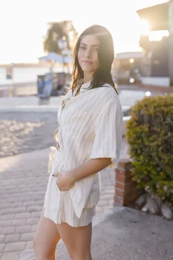Mila Short Sleeve Button Down Stripe Print Linen Top Natural