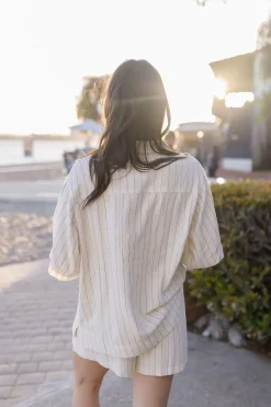 Mila Short Sleeve Button Down Stripe Print Linen Top Natural