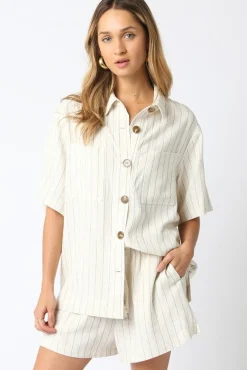 Mila Short Sleeve Button Down Stripe Print Linen Top Natural