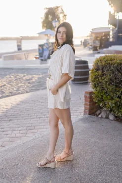 Mila Short Sleeve Button Down Stripe Print Linen Top Natural