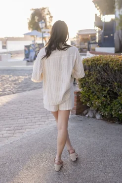 Mila Short Sleeve Button Down Stripe Print Linen Top Natural