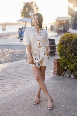 Mila Short Sleeve Button Down Stripe Print Linen Top Natural