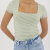 Millie Short Sleeve Stripe Print Double Lined Top Green