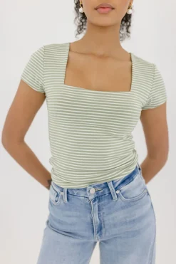 Millie Short Sleeve Stripe Print Double Lined Top Green
