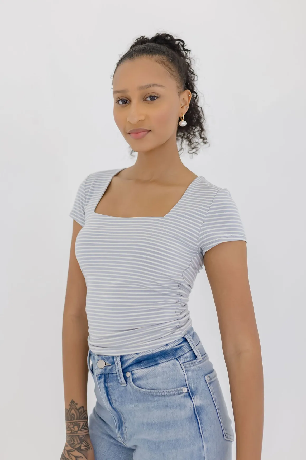 Millie Short Sleeve Stripe Print Double Lined Top Blue