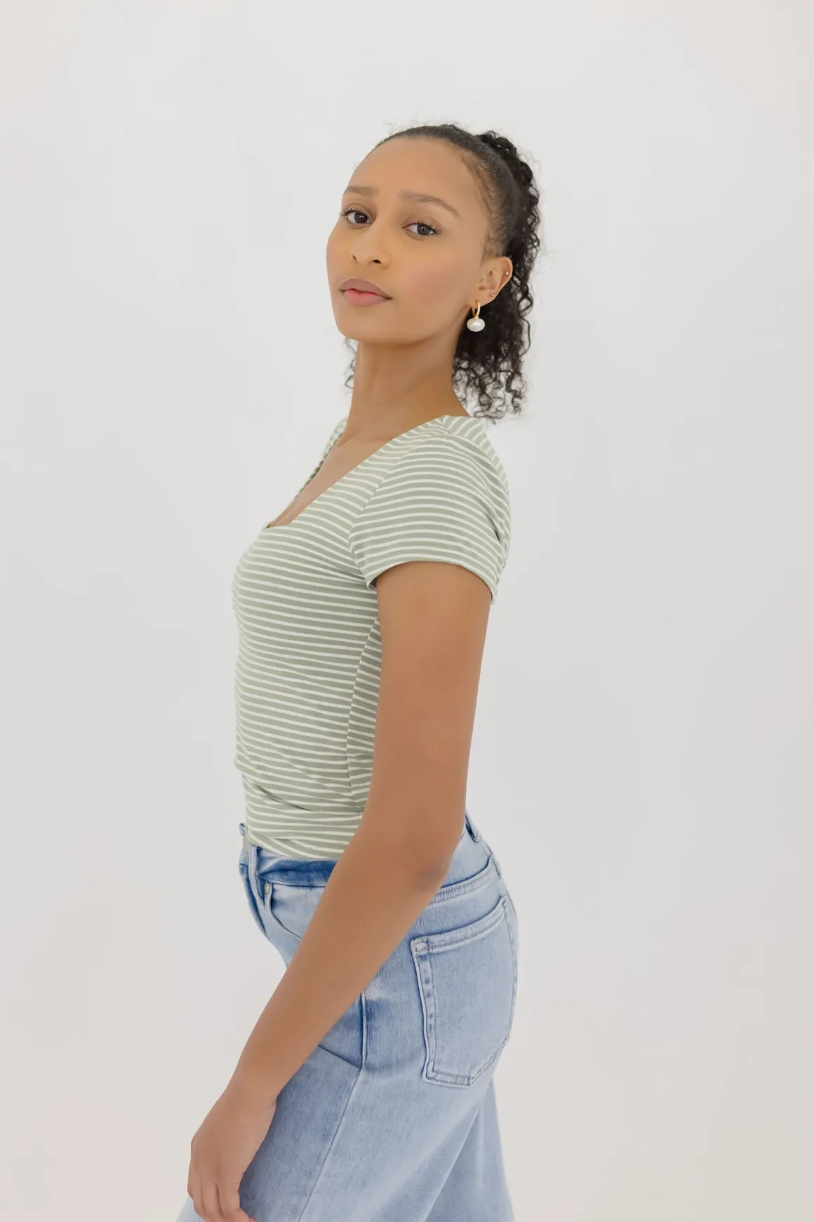 Millie Short Sleeve Stripe Print Double Lined Top Green