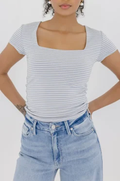 Millie Short Sleeve Stripe Print Double Lined Top Blue