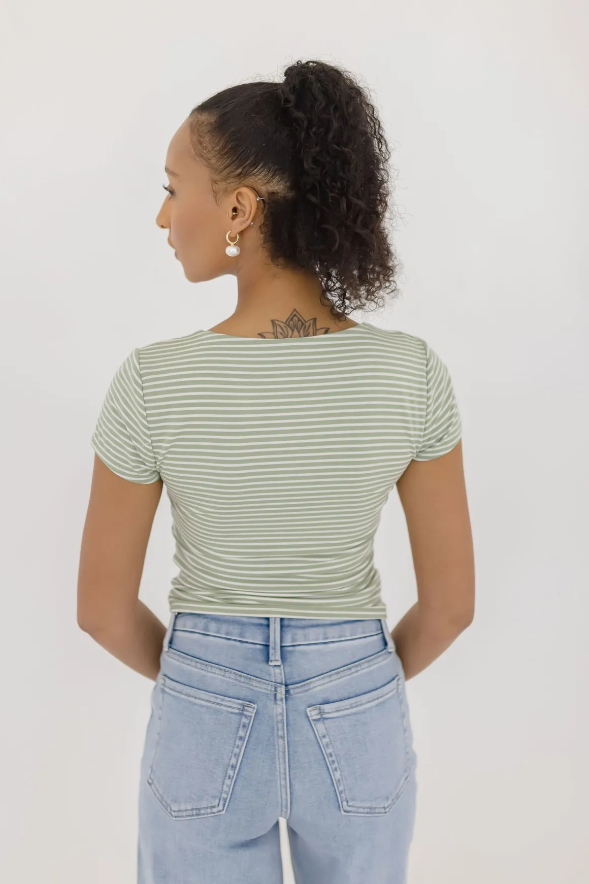 Millie Short Sleeve Stripe Print Double Lined Top Green