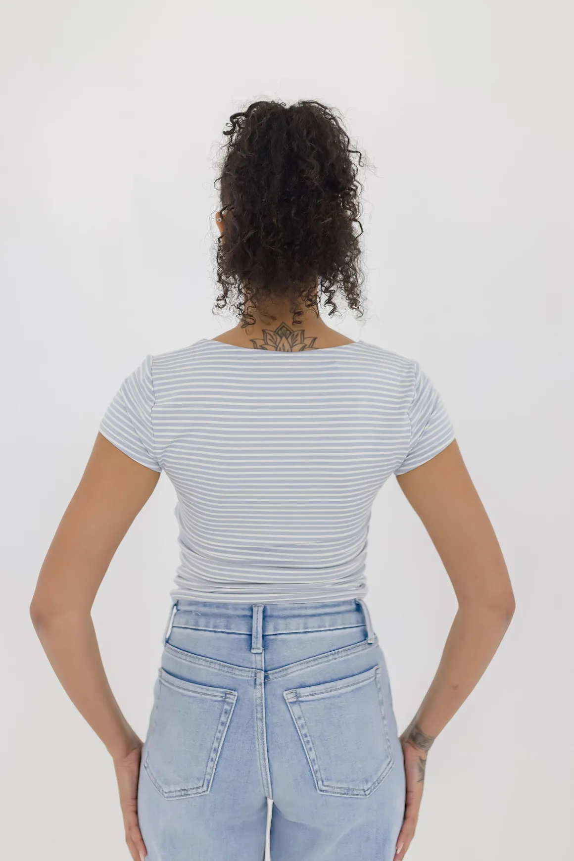 Millie Short Sleeve Stripe Print Double Lined Top Blue