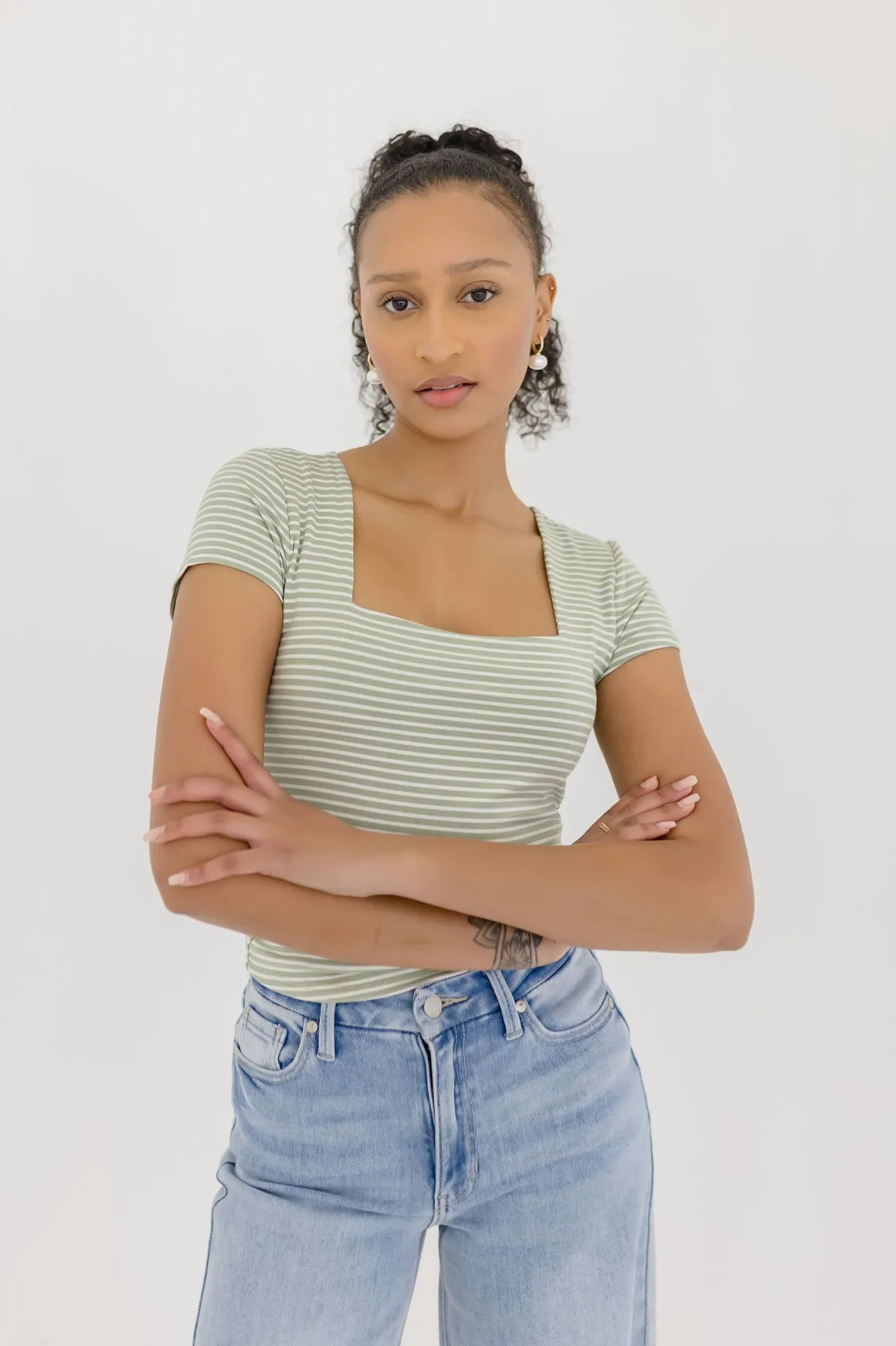Millie Short Sleeve Stripe Print Double Lined Top Green