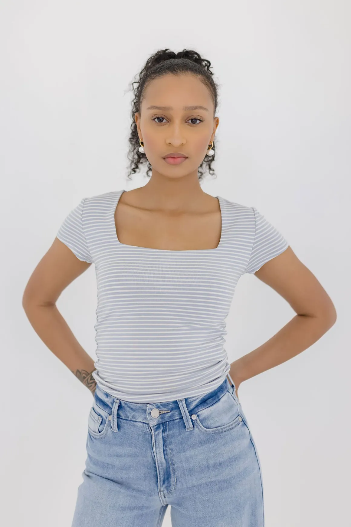 Millie Short Sleeve Stripe Print Double Lined Top Blue