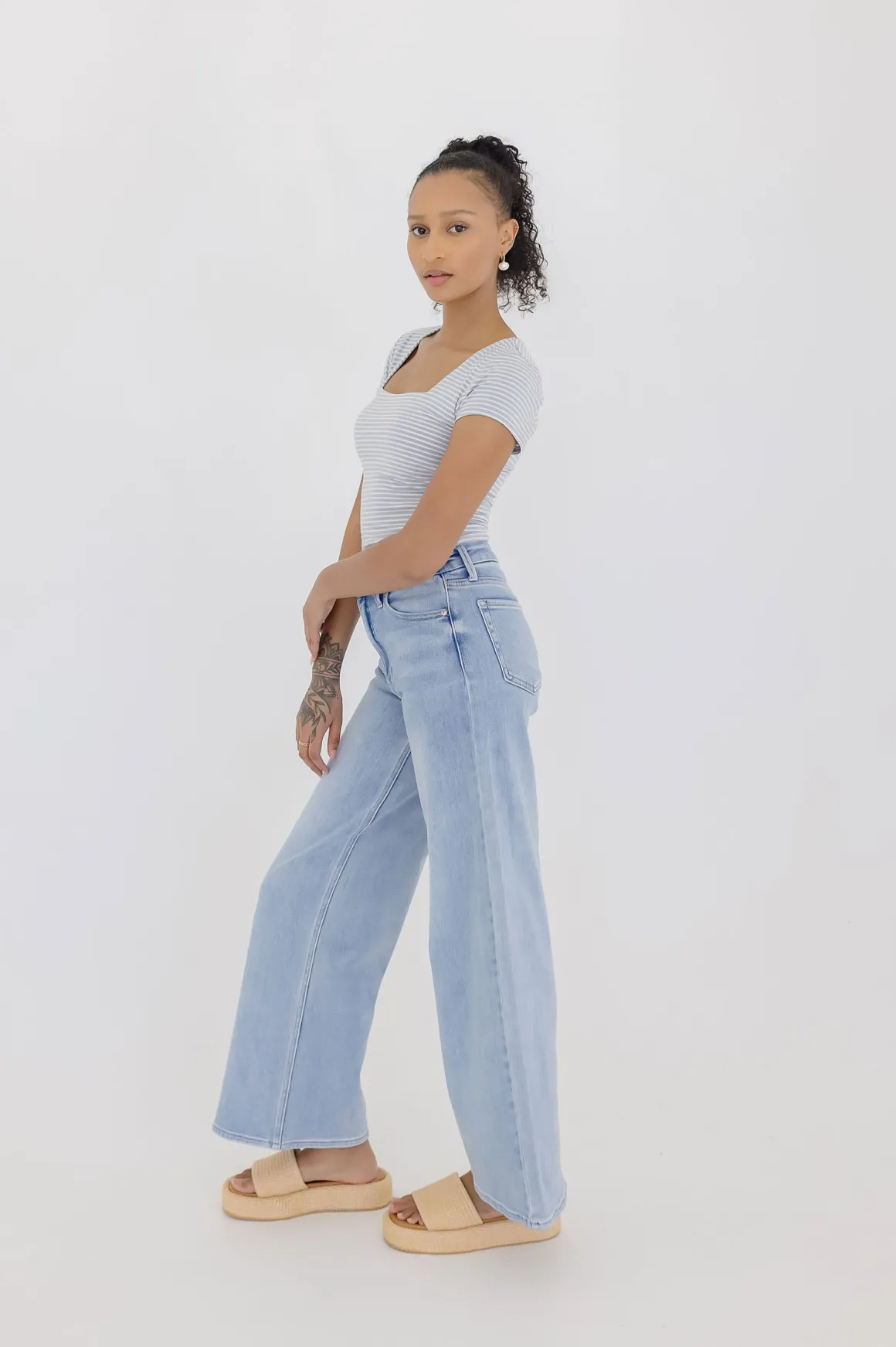 Millie Short Sleeve Stripe Print Double Lined Top Blue