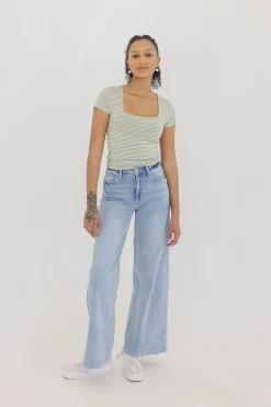 Millie Short Sleeve Stripe Print Double Lined Top Green