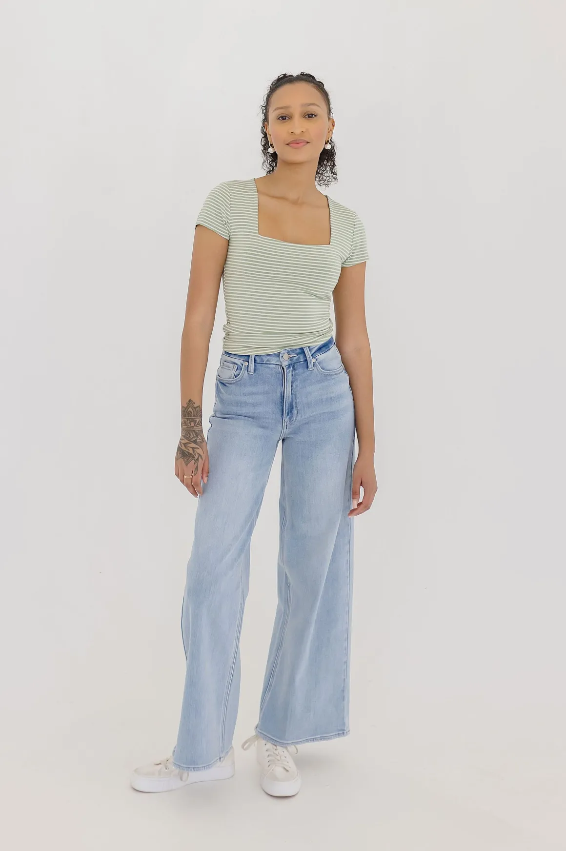 Millie Short Sleeve Stripe Print Double Lined Top Green
