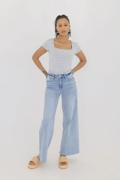 Millie Short Sleeve Stripe Print Double Lined Top Blue