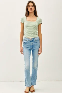 Millie Short Sleeve Stripe Print Double Lined Top Green
