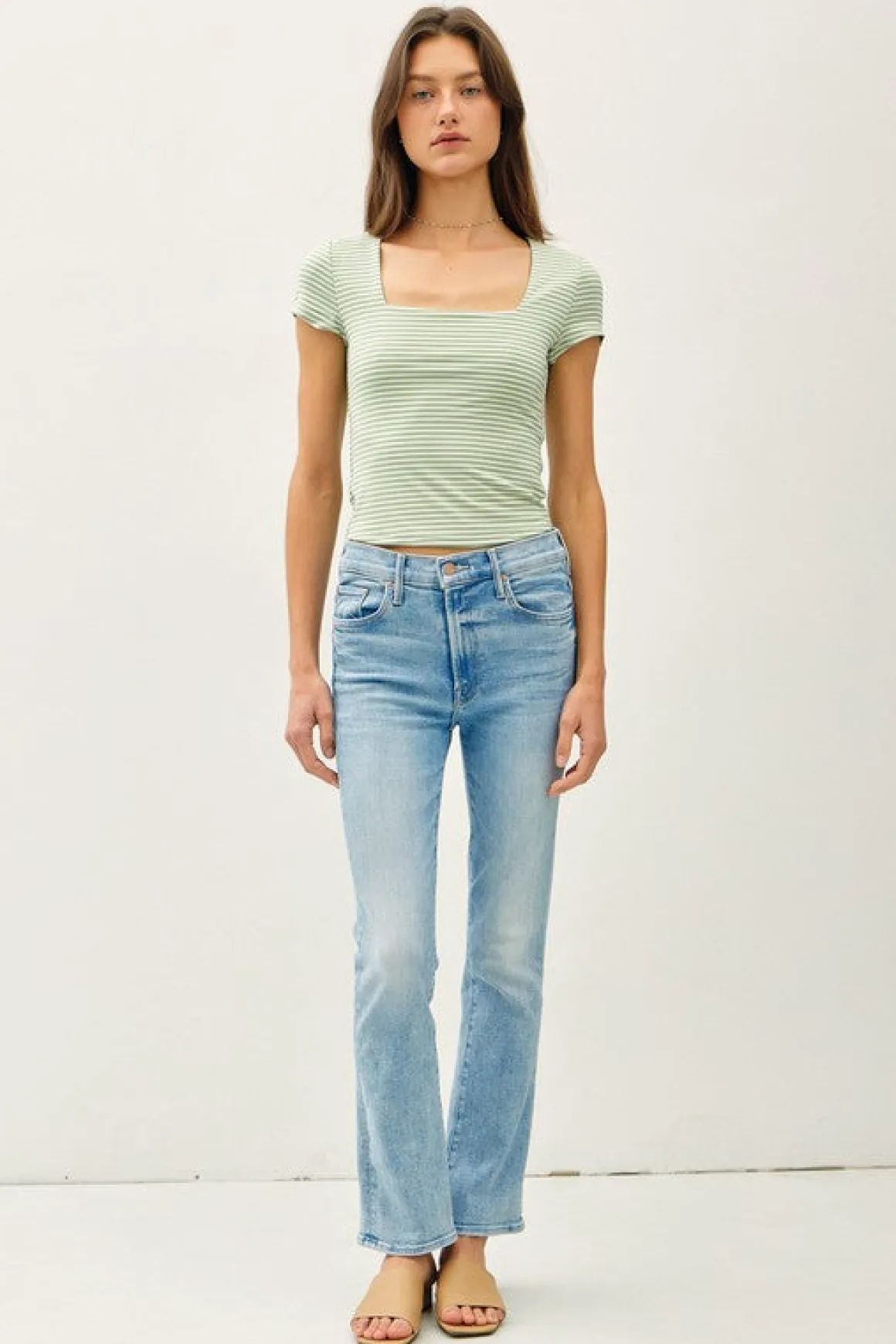 Millie Short Sleeve Stripe Print Double Lined Top Green