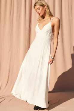 Minnie Sleeveless Open Back Stripe Linen Maxi Dress Ivory