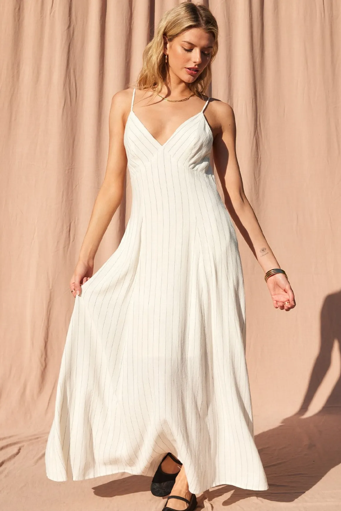 Minnie Sleeveless Open Back Stripe Linen Maxi Dress Ivory