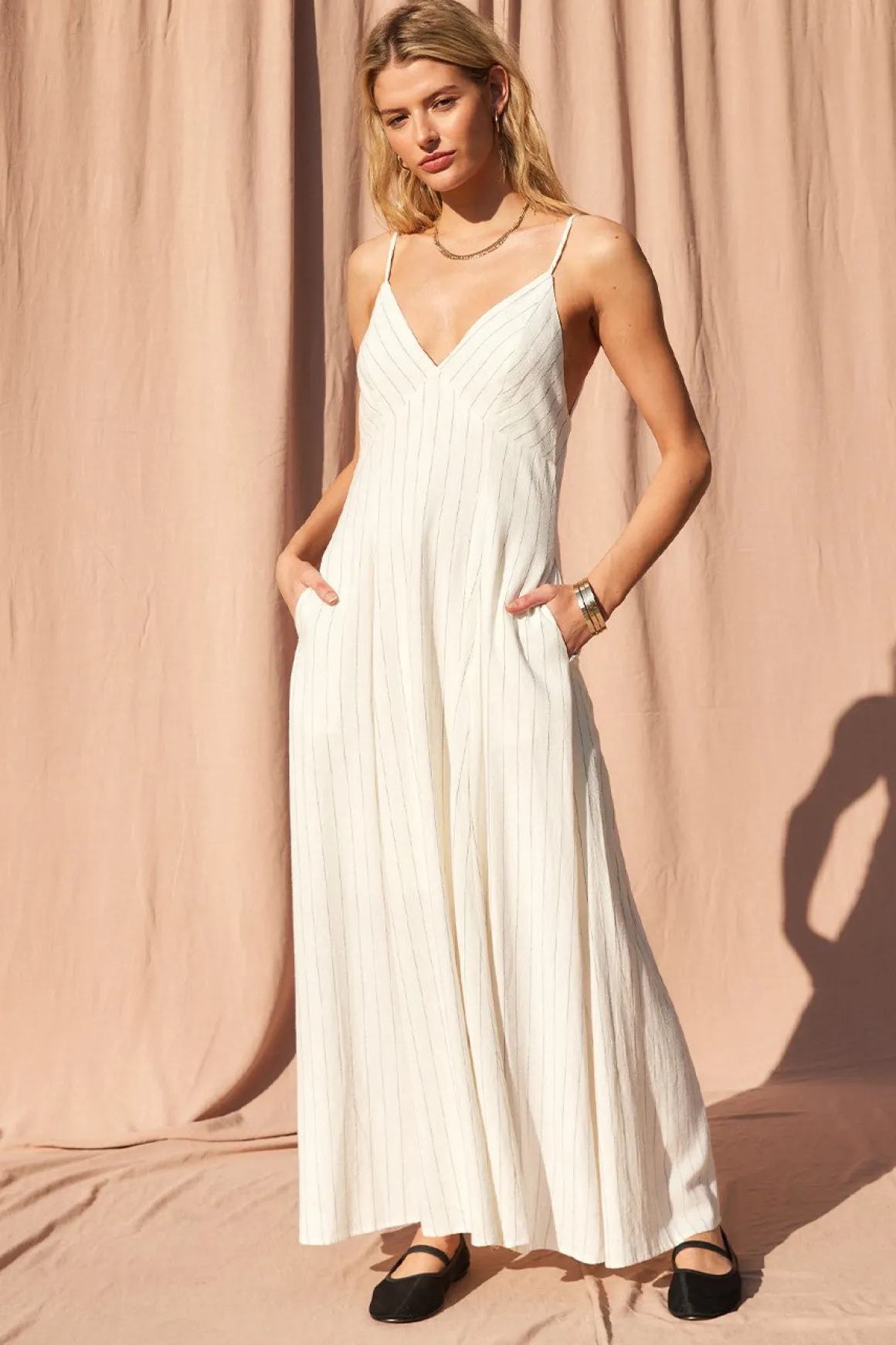 Minnie Sleeveless Open Back Stripe Linen Maxi Dress Ivory