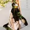 Mischa Sleeveless Halter Tie Tropical Print Maxi Dress Black