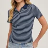 Mitzy Short Sleeve Stripe Print Polo Top Navy