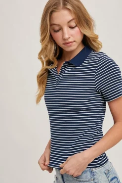 Mitzy Short Sleeve Stripe Print Polo Top Navy