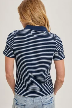 Mitzy Short Sleeve Stripe Print Polo Top Navy