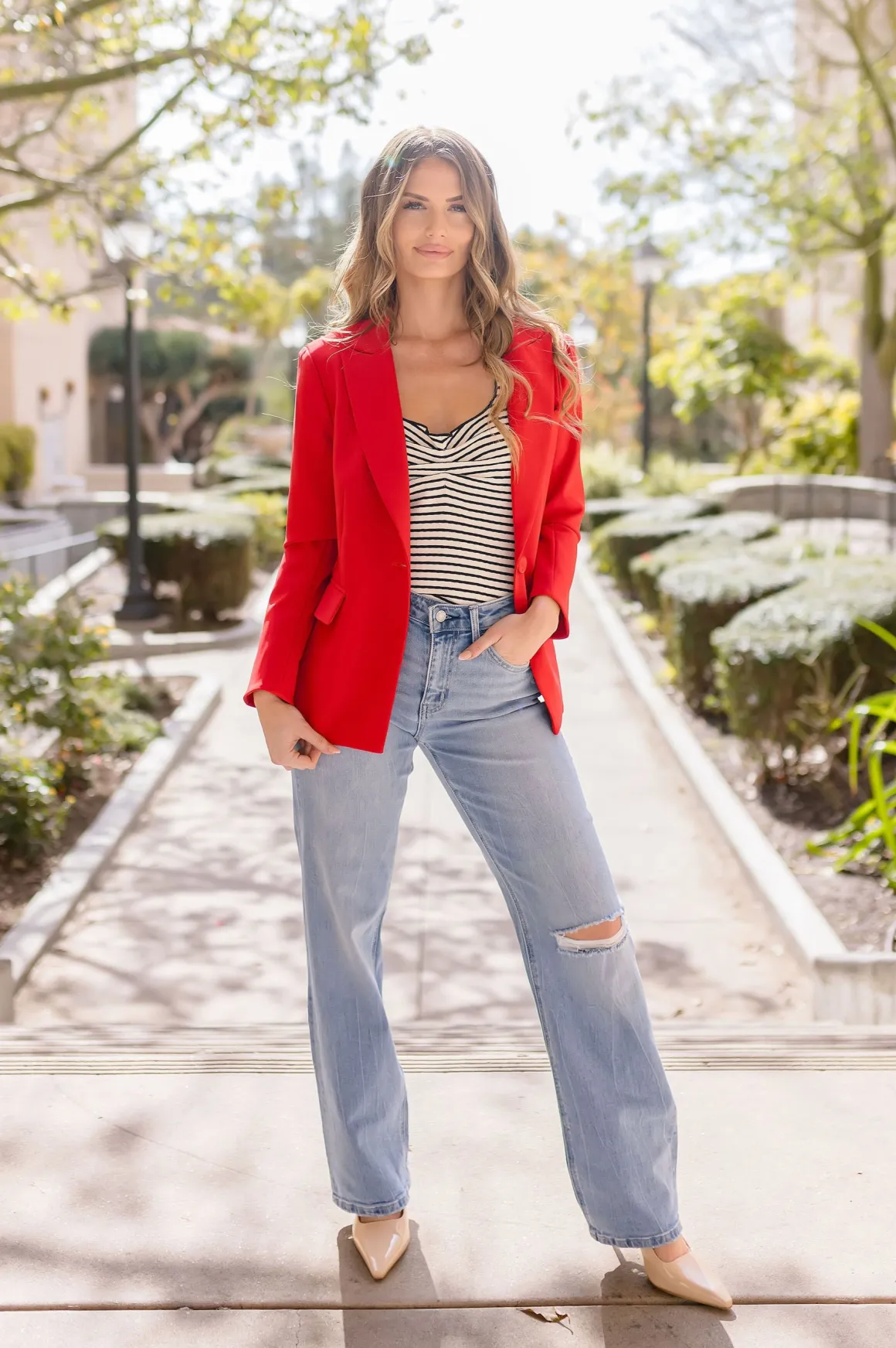 Monique Long Sleeve Notched Lapel Blazer Red