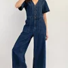 Monroe Short Sleeve Button Down Wide Leg Denim Jumpsuit Dark Wash