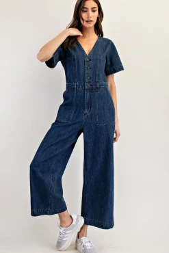 Monroe Short Sleeve Button Down Wide Leg Denim Jumpsuit Dark Wash