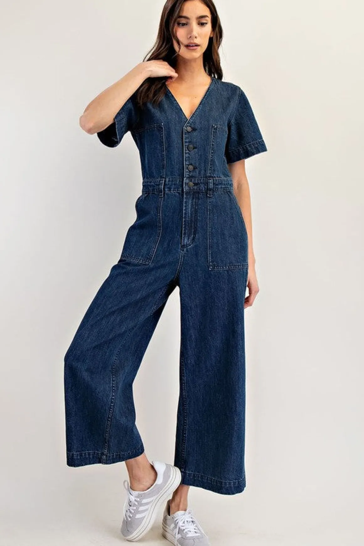 Monroe Short Sleeve Button Down Wide Leg Denim Jumpsuit Dark Wash