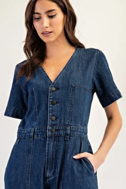 Monroe Short Sleeve Button Down Wide Leg Denim Jumpsuit Dark Wash