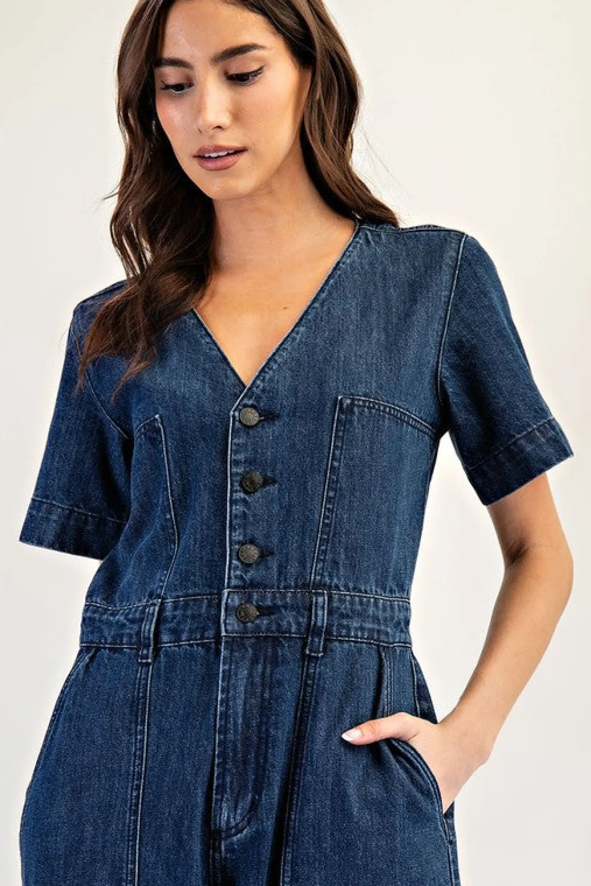 Monroe Short Sleeve Button Down Wide Leg Denim Jumpsuit Dark Wash