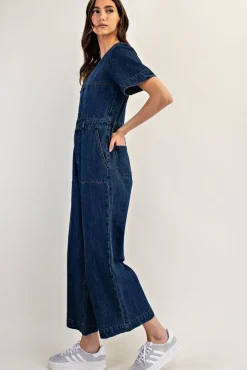Monroe Short Sleeve Button Down Wide Leg Denim Jumpsuit Dark Wash