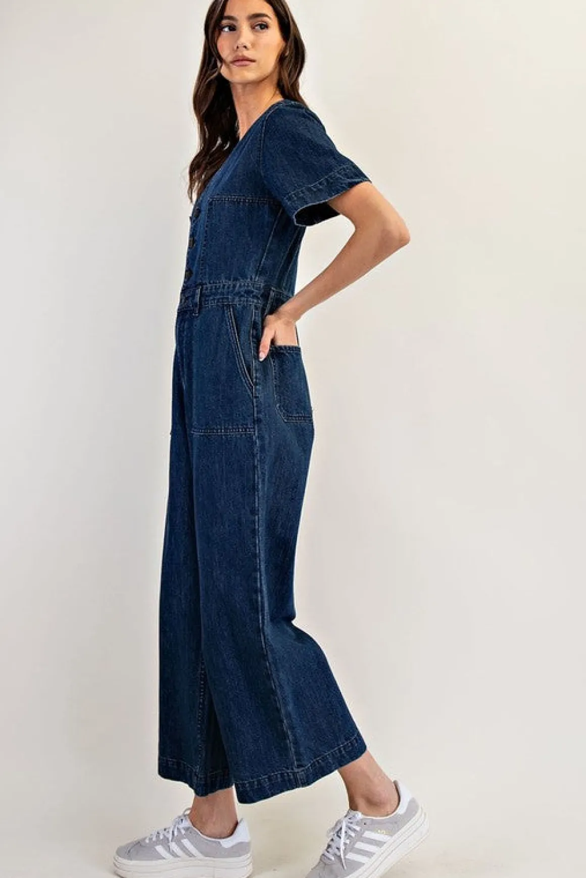 Monroe Short Sleeve Button Down Wide Leg Denim Jumpsuit Dark Wash