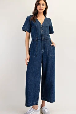 Monroe Short Sleeve Button Down Wide Leg Denim Jumpsuit Dark Wash