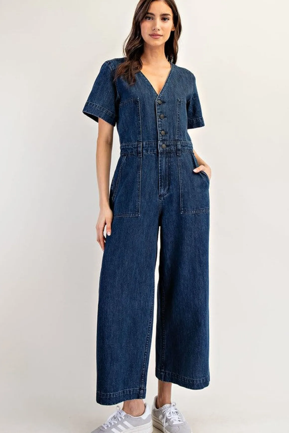 Monroe Short Sleeve Button Down Wide Leg Denim Jumpsuit Dark Wash
