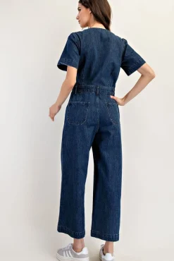 Monroe Short Sleeve Button Down Wide Leg Denim Jumpsuit Dark Wash