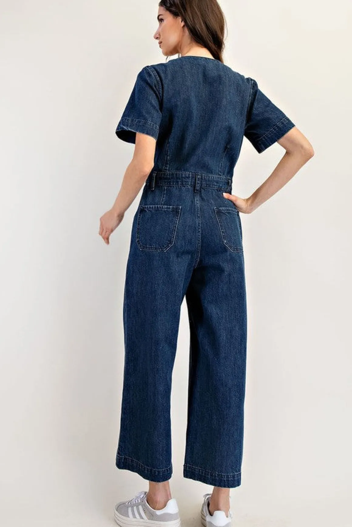 Monroe Short Sleeve Button Down Wide Leg Denim Jumpsuit Dark Wash