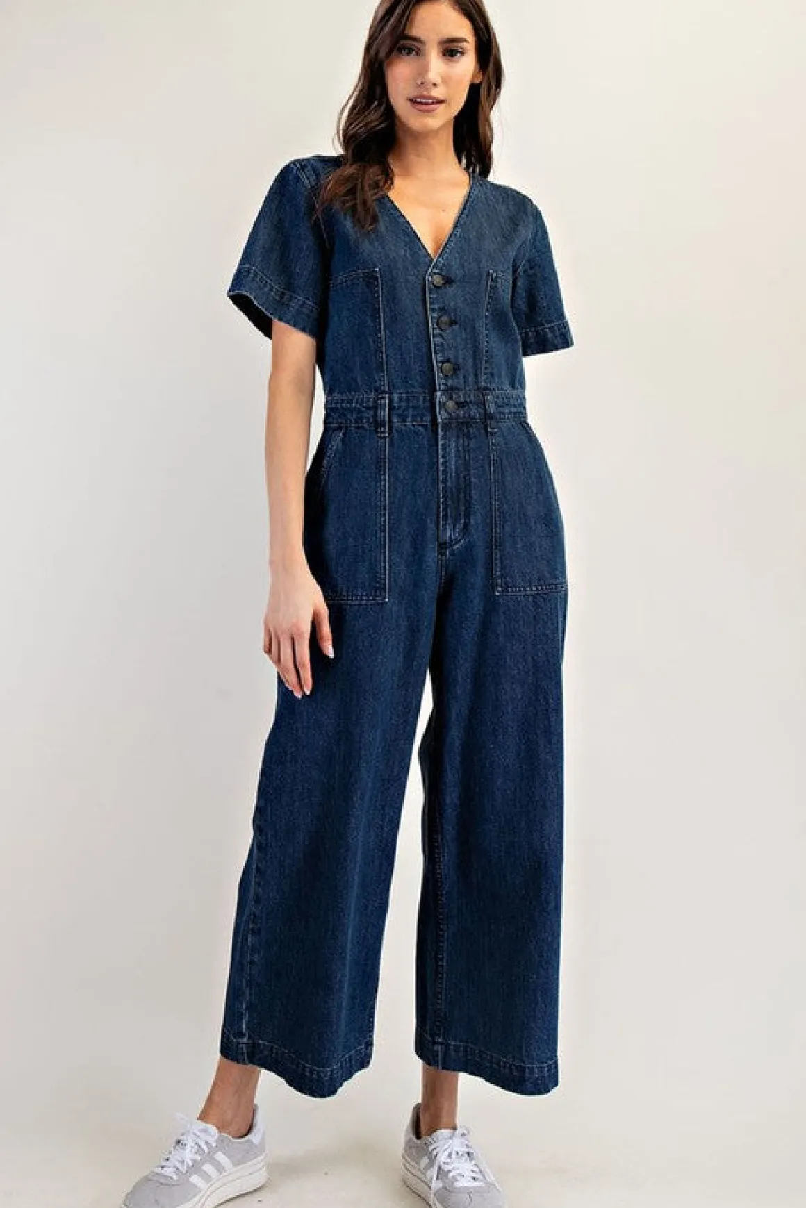 Monroe Short Sleeve Button Down Wide Leg Denim Jumpsuit Dark Wash